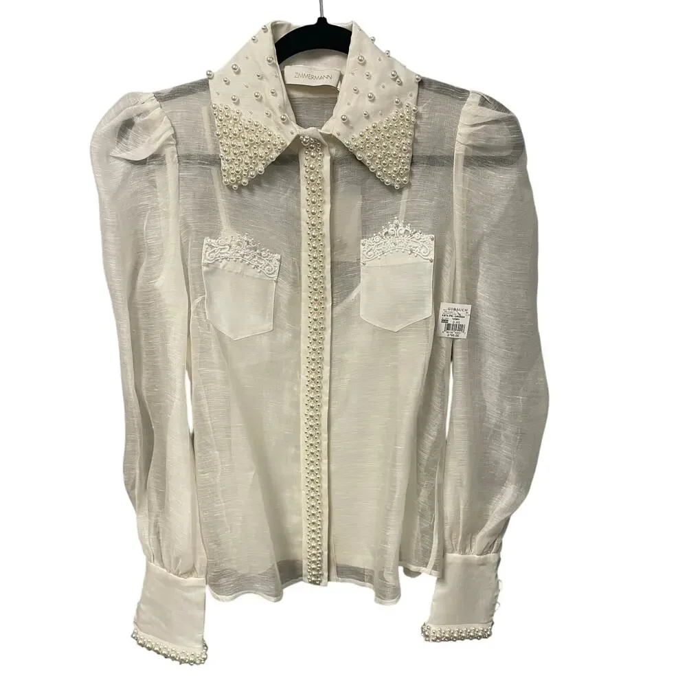 NWT Zimmermann High Tide Pearl Shirt Ivory Long Sleeve Button Up AU 0 / US 4 - Picture 2 of 11